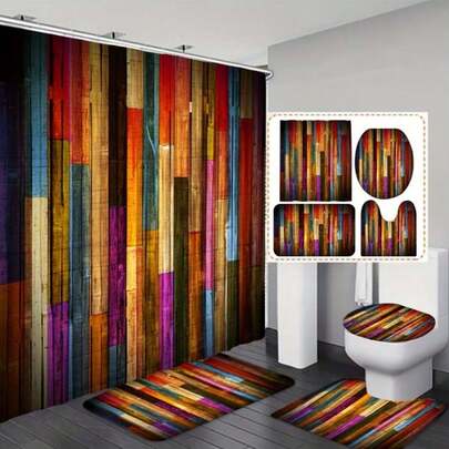 1 Set/4 Pcs Colorful Wood Grain Pattern Bathroom Accessory Set, Including Shower Curtain, Bath Mat, Toilet Seat Cover, And Bath Rug. Fashionable Theme, Machine Washable, Made Of Polyester, With Hooks