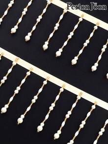 1 件手工缝制珍珠缎带流苏，白色编织缎带，饰有金色珠子，可用于服装装饰和窗帘装饰 - 蕾絲-奶油白色 - 查看 4