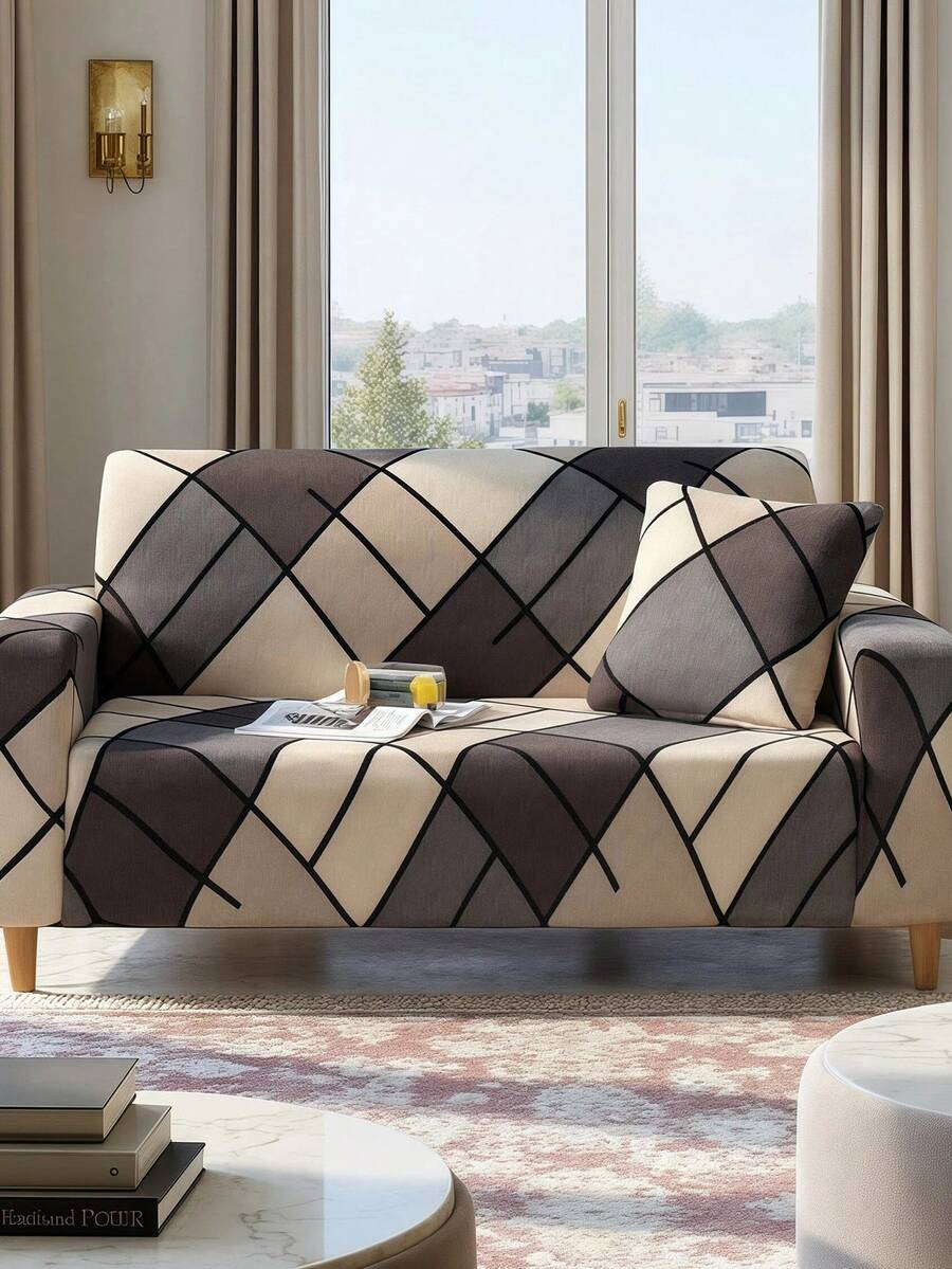1 pieza Funda de sofá de estiramiento con patrón geométrico, de tela de poliéster moderna, lavable a máquina, adecuada para todas las estaciones - Marrón - Ver 1