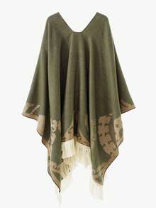 Elegante chal de mujer con flecos abrigado y versátil para viajes estilo europeo y americano - Verde Oscuro - Ver 2