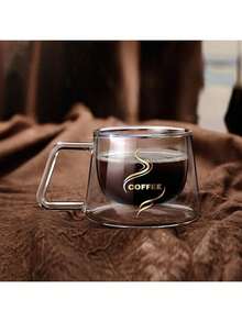 1-2-4pcs 200ml Double-Layer Glass Cup With Handle, Coffee Cup, With Gold Icon. Reusable Espresso Glass Cup, Tea Cup, Milk Cup. Ideal Birthday & Holiday Gift, Coffee Machine Accessory - Multicolor - View 7