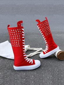 OPOEE Children Long Shaft Canvas Shoes, Lace‑Up Knee‑High Boots With Inner Zipper, Comfort Wear‑Resistant Sole For Little Girls Riveted Canvas Shoes Street - Red - View 2