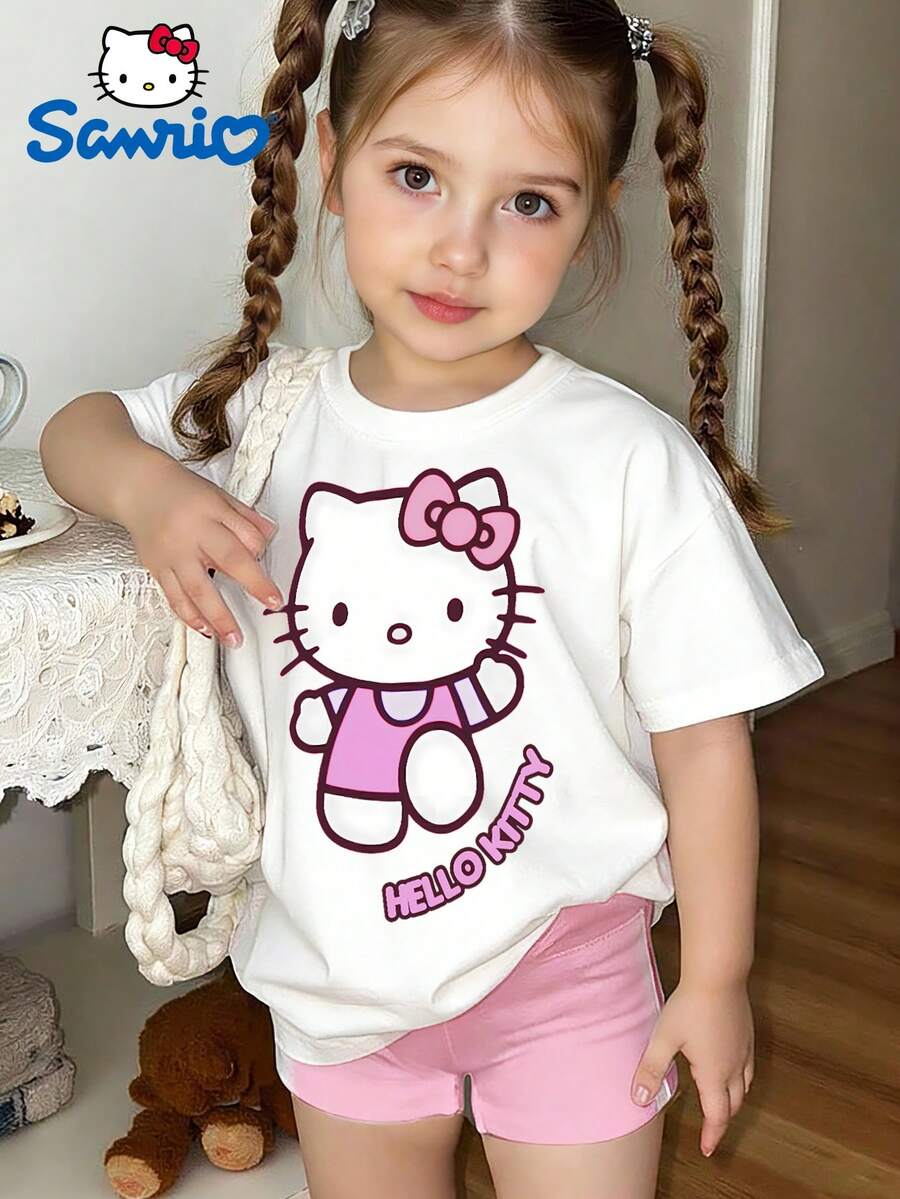 SANRIO Girls' Dress Summer Crew Neck Short Sleeve - Playful  - Printed Design Crew Neck T-Shirt, Girls' T-Shirt Sweatshirt, Girls' Top, 180g Polyester Soft Fabric, Suitable For Gifts For Children - trắng - Xem 1