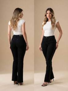 pthirillo Women's Black Flare Jeans With High-Waisted Butt-Lifting Effect And Rhinestone Detail. - 側邊釘子 - 查看 10
