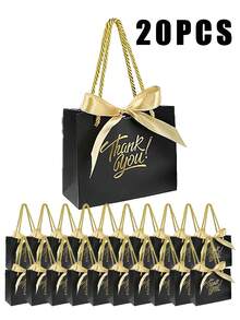 10个/20个白色“谢谢”礼品袋，金色文字“谢谢”礼品袋，带提手，含蝴蝶结提手和白色袋子，尺寸约为5.5 x 2.36 x 4.7英寸（约14 x 6 x 12厘米），迷你礼品纸袋，适用于洗礼、生日、婚礼、派对、情人节礼盒、感谢礼品等场合。 - 彩色 - 查看 12