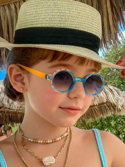 1 pieza Gafas redondas de estilo retro con marco de policarbonato en colores contrastantes para niños y niñas de 3 a 8 años, de moda casual para fiestas y uso diario, con estuche