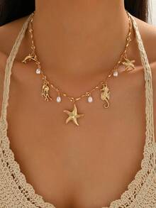 1pc Beach Vacation Ocean Style Multi-Pendant Necklace, Fashionable Gold-Tone Ocean Creature & Faux Pearl Necklace, Suitable For Daily Wear And Beach Vacation - Multicolor - View 1