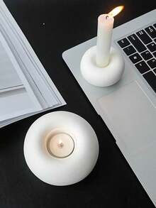 2 piezas Portavelas de cerámica blanca - Decoración del hogar minimalista y creativa, adecuado para mesa de comedor y escritorio, opción decorativa perfecta (velas no incluidas) - Multicolor - Ver 4
