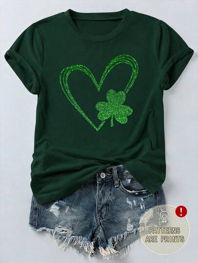 Women's Casual Short Sleeve Round Neck St. Patrick's Day Clover Heart Plus Size T-Shirt