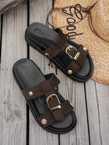 Dép lê đế xuồng hở mũi trang trí khóa kim loại thời trang mới, thoải mái, chống trơn trượt, đa năng và dễ vệ sinh, phù hợp cho mang hàng ngày và phối cùng trang phục mùa xuân hè. - Cà phê nâu - Xem 5
