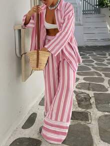 Bộ áo sơ mi kẻ sọc thắt nơ phía trước, túi trước, phong cách bohemian thanh lịch, thời trang mới, phù hợp cho bãi biển, khu nghỉ dưỡng, đường phố, sân bay, màu hồng xuân. - Hồng - Xem 2