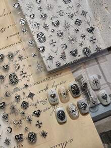 Beautizon Nailartlab 3D Gothic Style Nail Art Stickers | Silver Punk Cross Heart Star Pattern | DIY Self-Adhesive Nail Decals - Multicolor - View 6