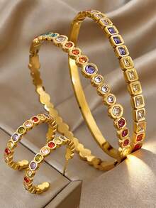 Bộ vòng tay và bông tai bằng thép không gỉ nhiều màu sắc, mạ vàng 18K sang trọng, kiểu dáng cổ điển, trang sức thanh lịch dành cho nữ, thích hợp cho Ngày Valentine, tiệc tùng, buổi tối, hàng ngày, năm mới, đám cưới, đi biển, Giáng sinh, kỷ niệm, Ngày của Mẹ, quà tặng phong cách Bohemian cho phù dâu. - Nhiều màu - Xem 5
