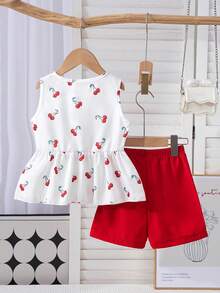2件套少女时尚休闲撞色3D蝴蝶结水果印花无袖圆领荷叶边下摆套头衫和松紧腰短裤套装，适合日常、居家、户外、春夏穿着。 - 紅白色 - 查看 4