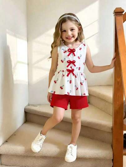 2pcs/Set Young Girl Fashionable Casual Contrast Color 3D Bow Fruit Print Sleeveless Crew Neck Ruffle Hem Pullover Top And Elastic Waist Shorts Set, Suitable For Daily, Home, Outdoor, Spring/Summer