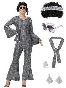6 Pieces Of Disco Lady's Clothing Sets From The 1970s, Retro-Style Disco Outfits, Including Sunglasses, Rings, Earrings, Shawls, Wigs And Headpieces. - Multicolor - View 4