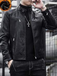 Men's Leather Jacket Coat, Thermal Lined, Thickened For Winter - Black - View 3