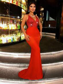 CHOSMO 新款夏季亮片露背吊带红色婚纱，优雅奢华舞会礼服高腰修身长裙，Rojo - 紅色 - 查看 2