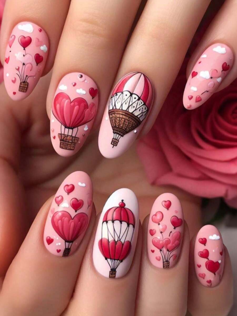 24片情人节红色爱心气球图案美甲贴片，杏仁形，哑光美甲用品，适合日常佩戴 - 彩色 - 查看 1