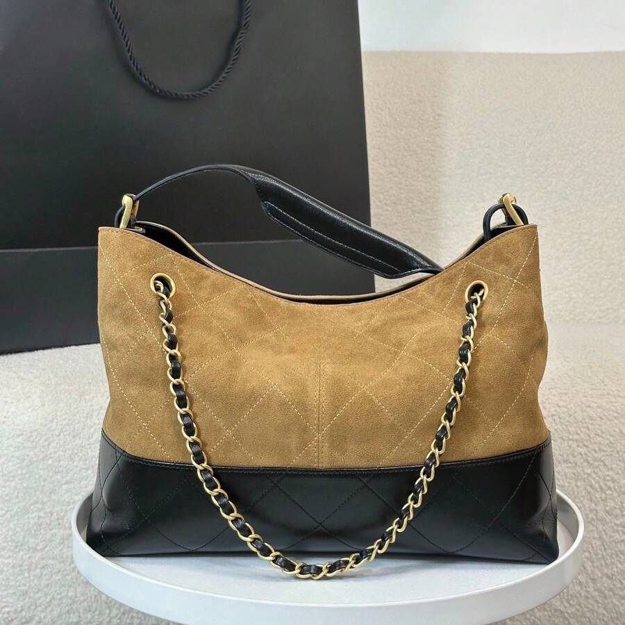 Ladies' Two Tone Quilted Suede And Leather Handbag, Brown And Black Shoulder Bag With Gold Chain Strap, Large Capacity Top Handle Shoulder Bag, Casual And Formal Handbag - Marrón - Ver 1