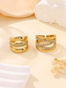 2pcs Stainless Steel Fashionable Luxurious Gold-Tone Open Ring Set, Inlaid With White Rhinestones, Suitable For Women's Daily Wear Or Gift - Yellow Gold - View 3