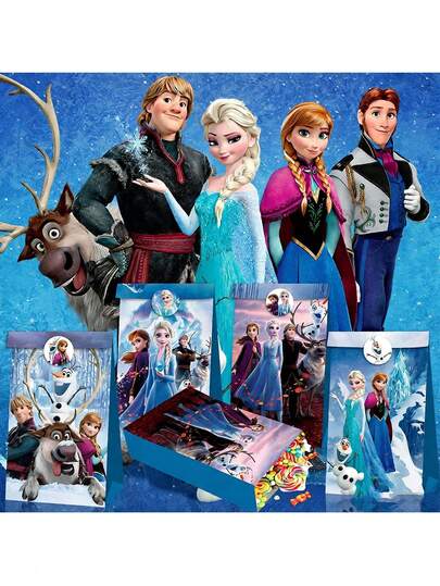 12pcs Cartoon Princess Anna Pattern Paper Bags And 2pcs Stickers, Various Themed Party Decorations And Beautiful Practical Small Gift Packaging Bags
