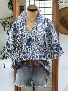 Whisplicity Women's Bohemian Style V-Neck Casual Vacation Floral Print Ruffle Hem Blouse, Spring/Summer - Blue - View 1