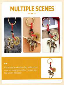 1pc Vintage Brass Horse-Shaped Lucky Charm Keychain, Chinese Feng Shui Copper Coin Lucky Charm Pendant-Symbolizing Success And Wealth, It's A Perfect Chinese New Year Gift For Friends And Family, Also Suitable As An Everyday Keychain, Backpack Charm, Or A Meaningful Gift For Chinese Culture Enthusiasts. - Multicolor - View 6