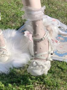 1 Pair Women's Lace Trim Bow Mesh Stockings, Sweet Lolita Mid-Calf Socks - White - View 3