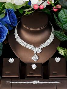 Bộ trang sức nữ thanh lịch, đính đá Cubic Zirconia, họa tiết giọt nước màu xanh dương, phù hợp với trang phục dạ hội, duyên dáng, sang trọng và quyến rũ. - Bạc - Xem 3