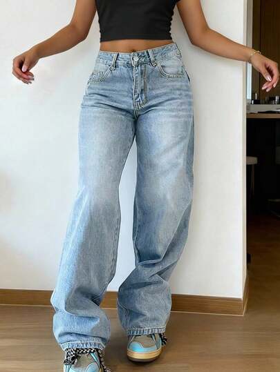 Jeans dritti casual e ampi in stile vintage per la primavera da donna