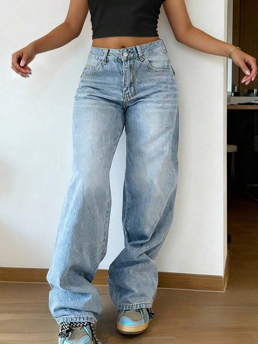 Quần jeans nữ ống đứng dáng rộng, xếp ly, kiểu vintage, thích hợp cho mùa xuân. - Rửa nhẹ - Xem 1