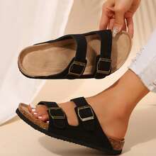 Women Shoes Comfort Straps Adjustable Buckle Flats Sandals Slides Summer Outdoor Walking Travel Cork Footbed - màu đen - Xem 10