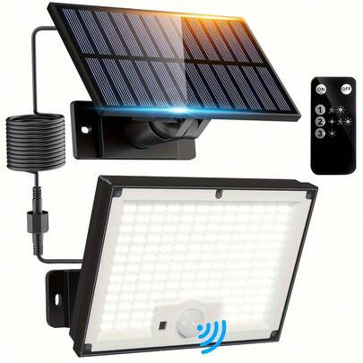 Solar Outdoor Floodlight, 282 Bright LEDs, With Motion Sensor, IP65 And 5M Cable For Better Outdoor Use, Includes Remote Control. From Dusk To Dawn, 1800mAh Battery Provides Longer Working Time. Suitable For Corridors, Swimming Pools, Gardens.