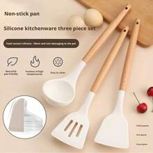 Silicone Kitchenware Set, Heat Resistant Non-Stick Pot Spatula, Soup Ladle, Cooking Spoon With Wooden Handle - White - View 3