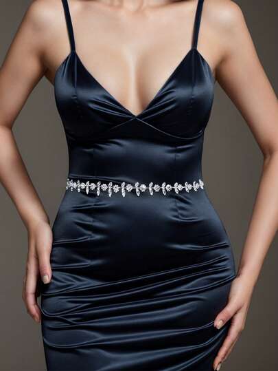 1pc Minimalist Floral Rhinestone Decor Bridal Waist Belt, Fashion Waist Sash Accessory For Wedding Dress