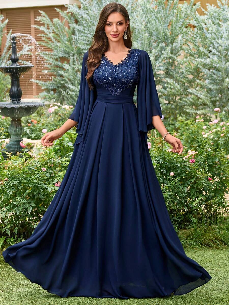 MIUSOL Colorblock Sequin Floral Lace V-Neck Ruffle Sleeve Chiffon Maxi Formal Party Dress Wedding Spring - Navy Blue - View 1