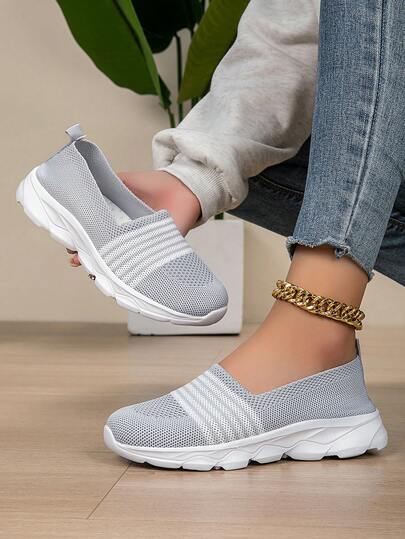 Women's Knitted Elastic Slip-On Casual Sneakers, Minimalist Versatile Lightweight Comfortable Soft-Sole Sock Shoes, Mesh Breathable Non-Slip Running Shoes