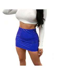 Women's Mini Leather Skirts Sexy Bright Skinny Bodycon Short Skirt Party Clubwear Night Out Skirt - Màu xanh lam - Xem 2