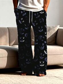 Men's Black Sketch Funny Face Print Casual Pants With Drawstring Waist And Pockets, Suitable For Loungewear Or Sleepwear