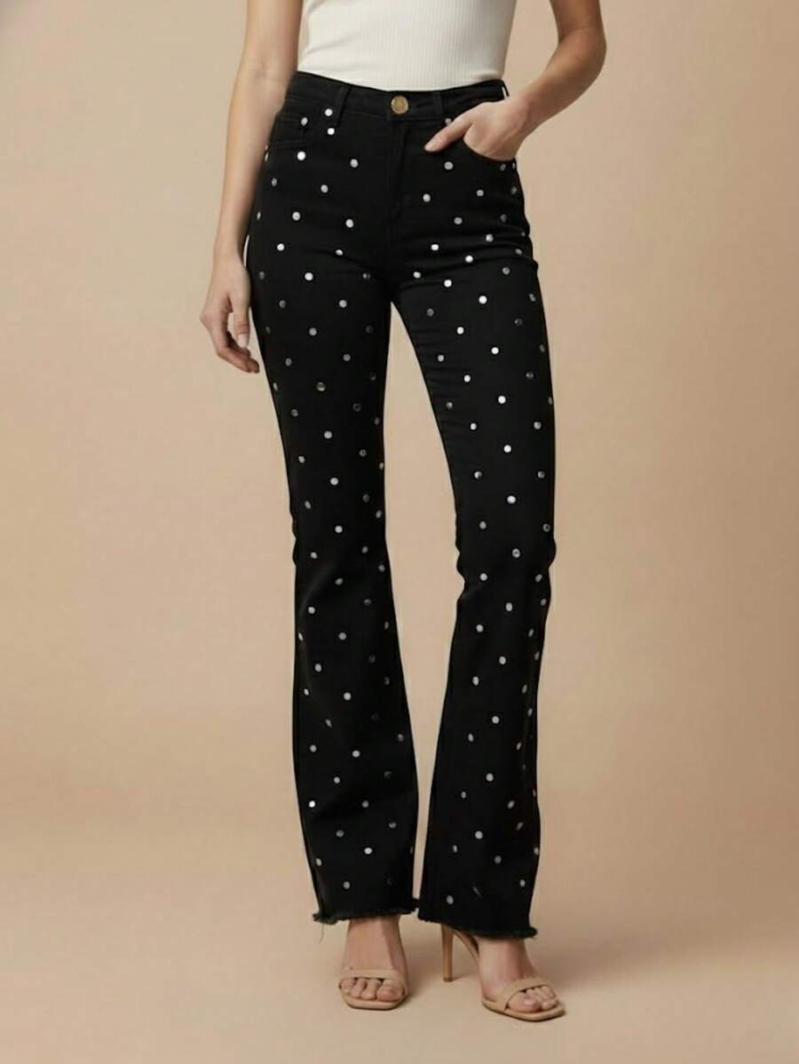 pthirillo Women's Black Flare Jeans With High-Waisted Butt-Lifting Effect And Rhinestone Detail. - 鏡子標誌 - 查看 1