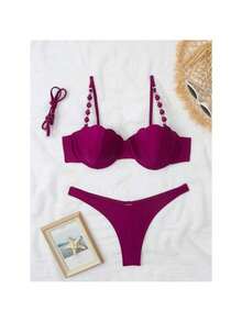 RWX VEST Women's Bikini With Padded Cups And Straps With Ball Details – Elegant And Comfortable 2025 XX348 - Màu Hoa hồng đỏ - Xem 2