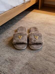 Premium Fashion Heart Decor Plush Slippers For Women, Soft & Comfortable Soft-Sole Lightweight, Suitable For Living Room & Bedroom, All Season - Coffee Brown - View 8