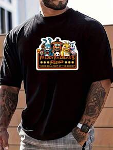 Colorful Freddy Fazbears Pizza Graphic Top With Cartoon Characters,Soft & Lightweight Skin-Friendly T Shirt For Men,100 Percent Cotton Graphic T Shirts,Y2K Street Style American Style Tops, Valentine's Day Gifts For Boyfriend/Husband/Father - Black - View 1