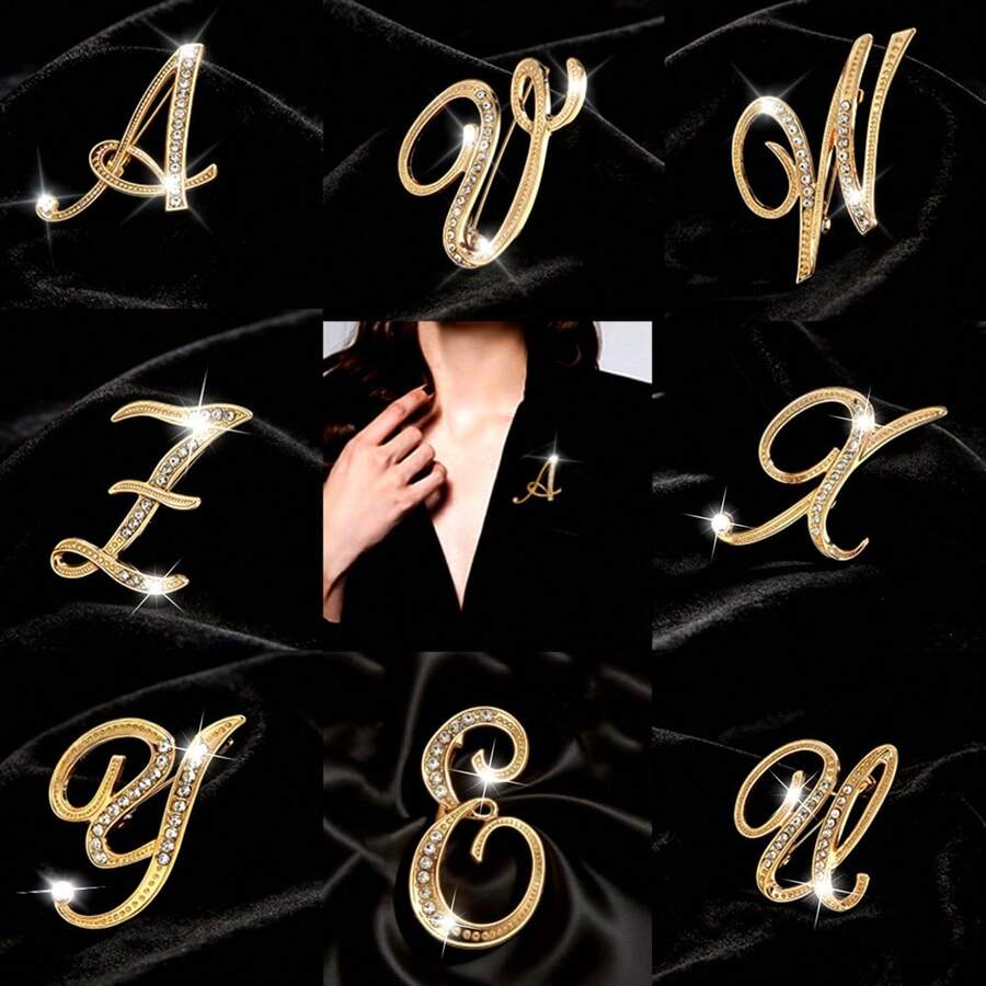 一套A到Z字母胸针,艺术字母首字母别针,适合晚宴和正式场合佩戴,镀金水钻字母组合翻领别针套装,个性化宣言礼物,选择您的字母 - 金色 - 查看 1
