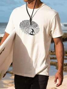 男士时尚沙滩指纹冲浪印花宽松休闲百搭短袖T恤 | 精致设计 | 夏季必备 | 时尚搭配 - 白色 - 查看 2