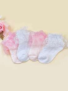 4双女婴优雅透气短袜，韩版蕾丝花边甜美公主袜，适合日常穿着 - 彩色 - 查看 7