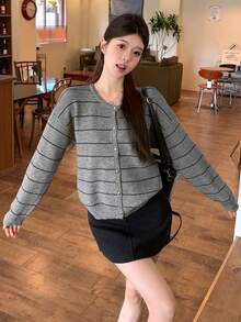 Vintage Striped Casual Cardigan, Versatile For Spring And Autumn - Grey - View 4