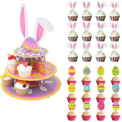 26个可爱卡通复活节兔子耳朵蛋糕装饰，适合复活节生日派对DIY蛋糕和甜点装饰