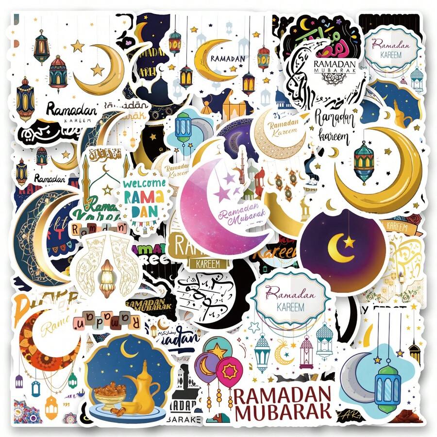 65 PCS Ramadan Stickers Deluxe Collection | High-Aesthetic Stickers | Multi-Scene Adhesive: Compatible With Computers, Laptop, Tablet, Skateboards, Luggage, Guitars, Helmets, Insulated Cups, Journal Collage, Gift Wrapping Stickers, Art & Crafts - Multicolor - View 1